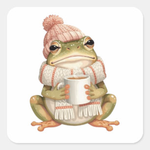 Sticker Carré Grenouille et café d'une esthétique hivernale cosy