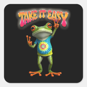 Sticker Carré Grenouille Hippie Prenez les Choses Facilement Amu