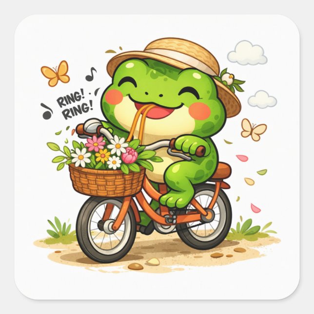 Sticker Carré Grenouille mignonne à vélo (Devant)