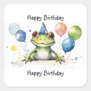 Sticker Carré grenouille mignonne avec ballons Joyeux anniversai