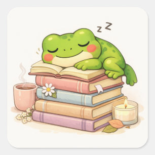 Sticker Carré Grenouille Mignonne Endormie sur des Livres