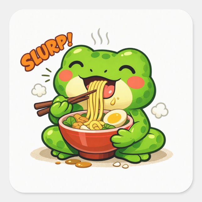 Sticker Carré Grenouille Mignonne Mangeant des Nouilles (Devant)