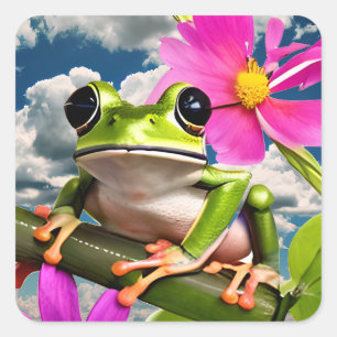 Sticker Carré Grenouille mûre sur une branche de fleurs roses av