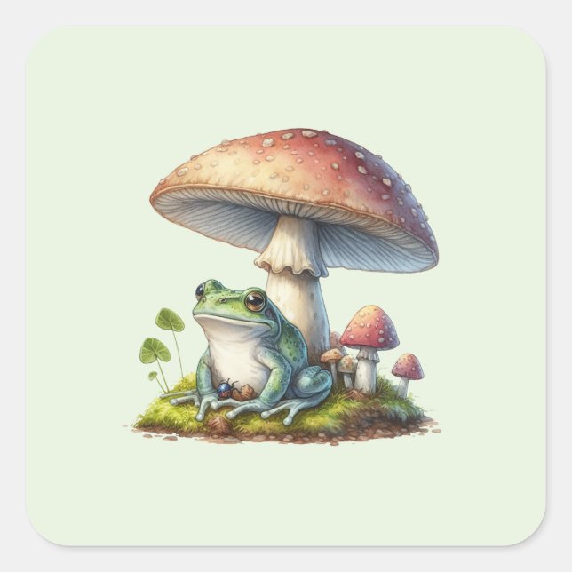 Sticker Carré Grenouille sous un champignon Mignon Nature (Devant)