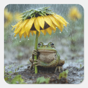 Sticker Carré Grenouille sous un parapluie tournesol sous la plu