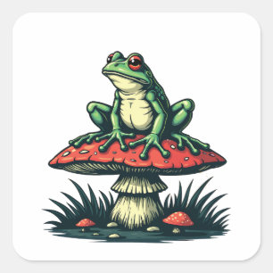 Sticker Carré Grenouille sur champignon Cottagecore Forêt de cha
