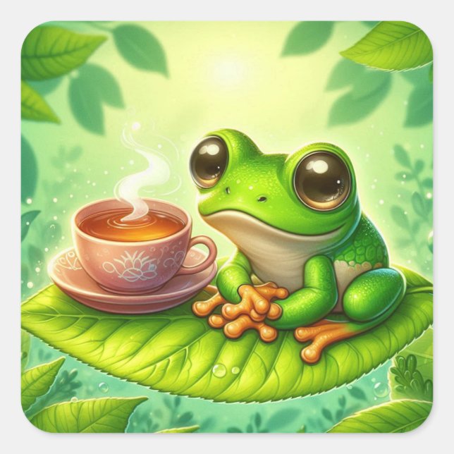 Sticker Carré Grenouille sur feuille avec  (Devant)