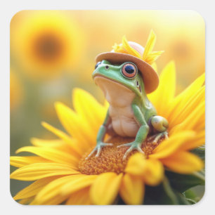 Sticker Carré Grenouille sur un tournesol
