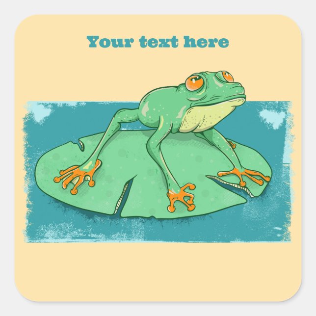Sticker Carré Grenouille verte mignonne sur un tapis de nénuphar (Devant)