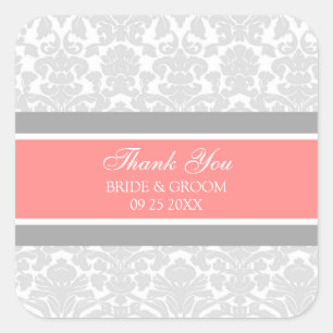 Sticker Carré Grey Coral Damask Merci Wedding Favor Tags