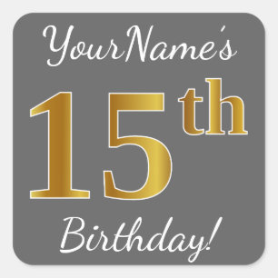 Sticker Carré Grey, Faux Gold 15e anniversaire + Nom personnalis