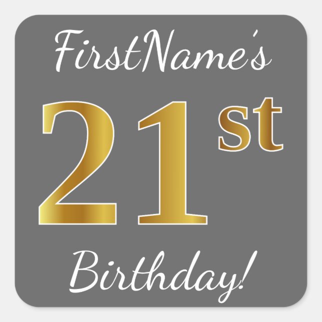 Sticker Carré Grey, Faux Gold 21e anniversaire + Nom personnalis (Devant)