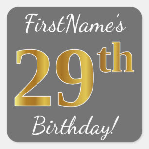 Sticker Carré Grey, Faux Gold 29e anniversaire + Nom personnalis