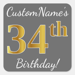 Sticker Carré Grey, Faux Gold 34e anniversaire + Nom personnalis