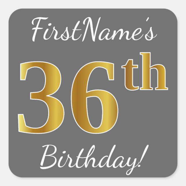 Sticker Carré Grey, Faux Gold 36e anniversaire + Nom personnalis (Devant)