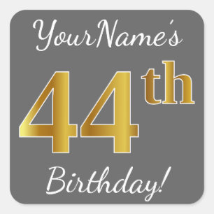 Sticker Carré Grey, Faux Gold 44e anniversaire + Nom personnalis