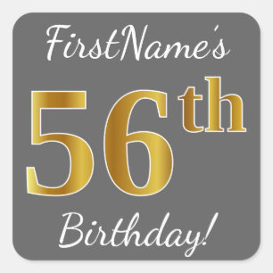 Sticker Carré Grey, Faux Gold 56e anniversaire + Nom personnalis