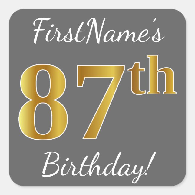 Sticker Carré Grey, Faux Gold 87e anniversaire + Nom personnalis (Devant)