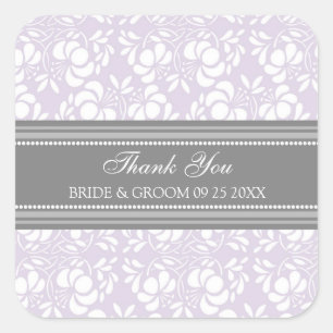 Sticker Carré Grey Lilac Damask Merci Wedding Favor Tags