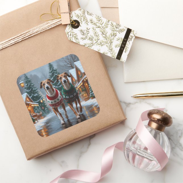 Sticker Carré Greyhound Dogs Christmas Snow Holiday (Cadeaux)