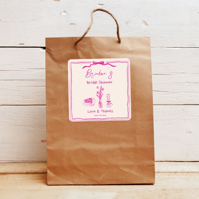 Sticker Carré Gribouillis dessinés à la main ruban rose rétro ba (Handdrawn scribble retro pink ribbon minimalist bridal shower thank you favor sticker)