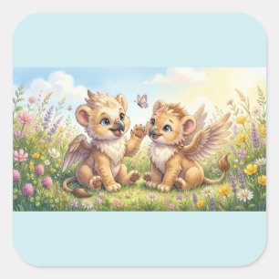 Sticker Carré Griffons Mignons – Une Amitié dans une Petite Prai