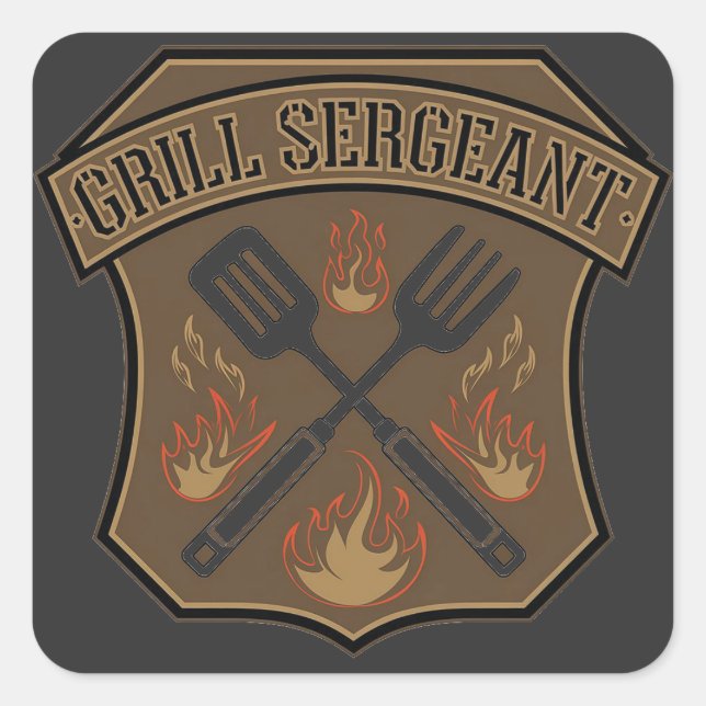 Sticker Carré Grill Sergeant Badge Design avec Spatula et Fourch (Devant)
