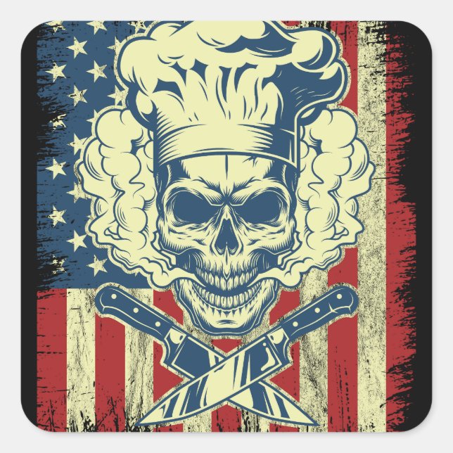 Sticker Carré Grillades et Cuisines American Flag Chef (Devant)