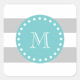 Sticker Carré Gris blanc Motif, Monogramme Turquoise