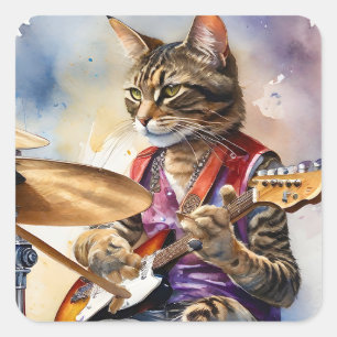 Sticker Carré Gris Gris Gris Gris Tabby Chat Rock Star Jouer Gui