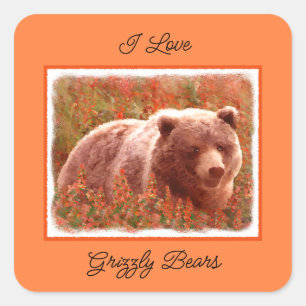 Sticker Carré Grizzly Bear Cub dans Fireweed Peinture Art de la