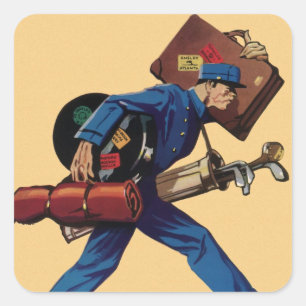 Sticker Carré Groom d'étage vintage en uniforme, valise et club