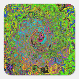 Sticker Carré Groovy Abstrait Rétro Tourbillon Vert Citron et Bl