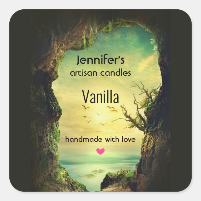 Sticker Carré Grotte surplombant une mer tropicale bougie Biz (Devant)