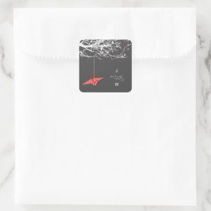Sticker Carré Grue en papier origami rouge suspendue chic mariag