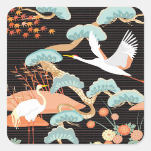 Sticker Carré Grues, hérons : motif japonais d'oiseaux.