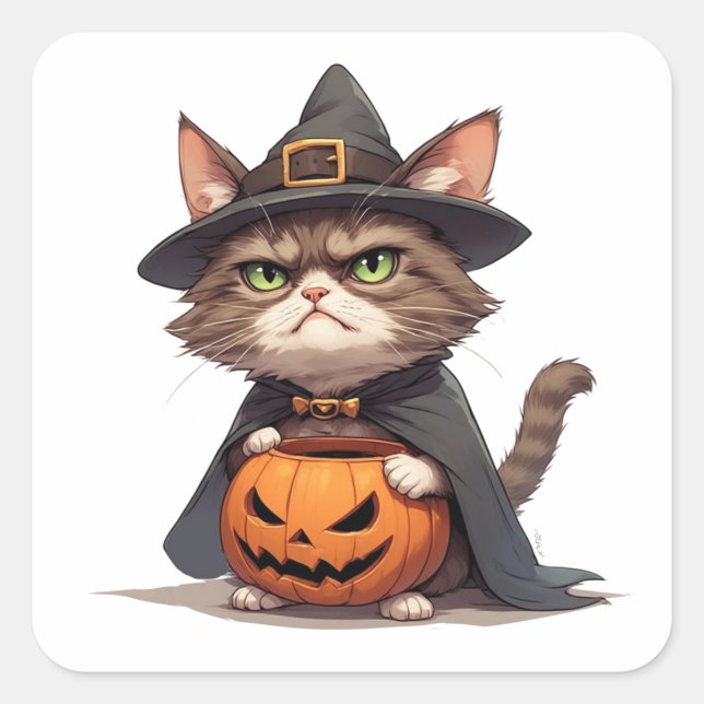 Sticker Carré Grumpy Cat et Jack O Lantern ami Halloween 🎃 (Devant)