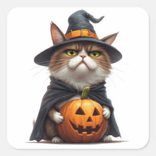 Sticker Carré Grumpy Cat portant un costume de sorcière citrouil