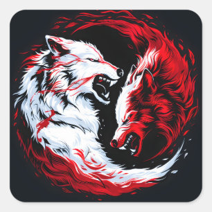 Sticker Carré Guerrier Loup Cosmique Rouge Blanc