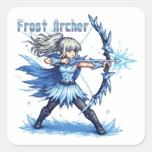 Sticker Carré Guerrière Archère de Givre en Pixel Art Rétro