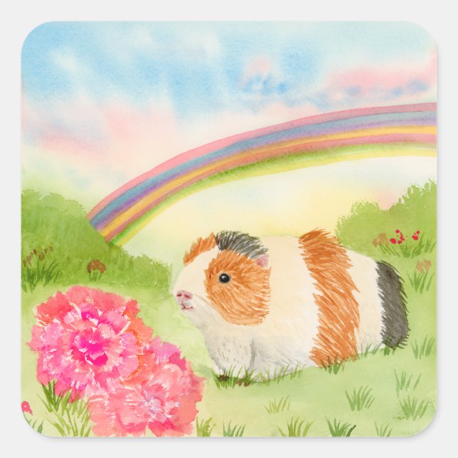 Sticker Carré Guinea Pig Rainbow with Carnations  (Devant)