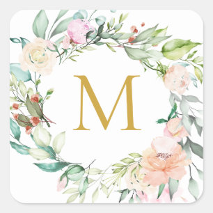 Sticker Carré Guirlande de roses à monogramme doré Floral