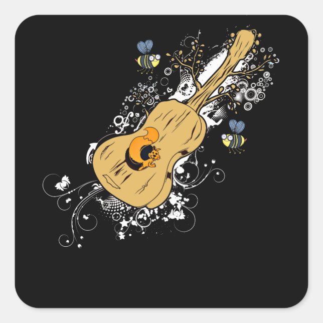 Sticker Carré Guitare acoustique Arbre de vie Nature Guitariste (Devant)