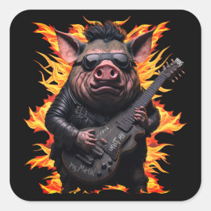 Sticker Carré Guitare Métal Cochon Rock And Roll Musicien Flamme