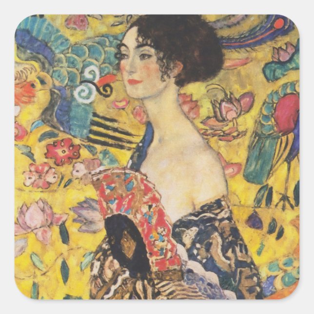 Sticker Carré Gustav Klimt Lady With Fan Art Nouveau Painting (Devant)