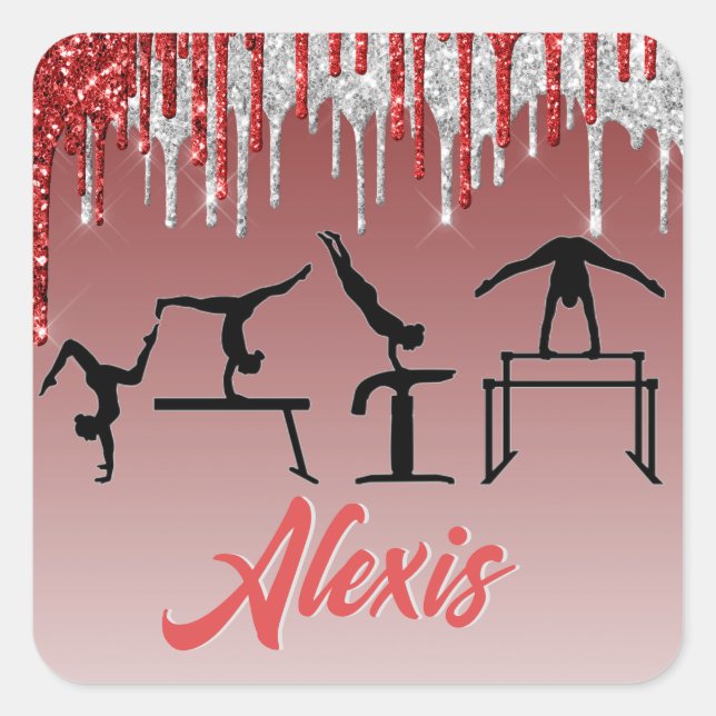 Sticker Carré Gymnastics Red and Silver Glitter Drip Ombre     (Devant)