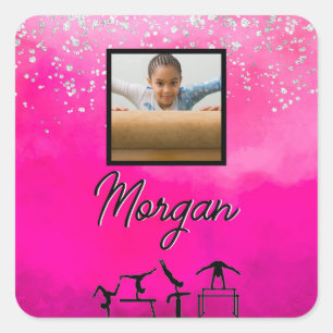 Sticker Carré Gymnastique Rose, Argent, Paillettes Personnalisé