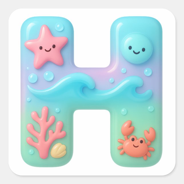 Sticker Carré  "H" Cute Letter - Underwater Sea Creature  (Devant)
