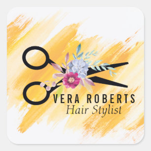 Sticker Carré Hair Styliste Gold Ciseau & Beauté Salon Floral