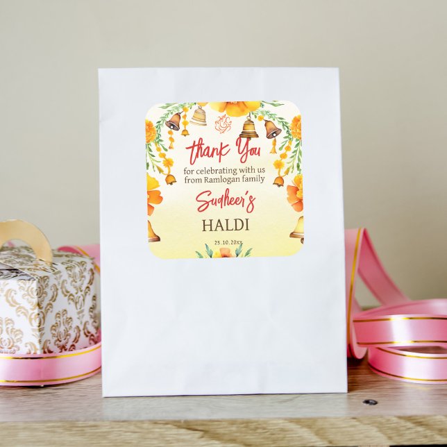 Sticker Carré Haldi marigolds cloches mariage indien merci (Haldi favor gift thank you sticker Indian wedding favor stickers marigolds and bells watercolor)